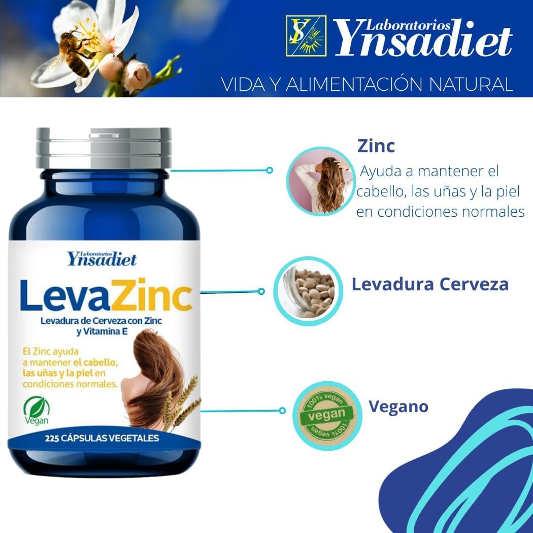 Pack 3 LevaZinc Ynsadiet 225 cápsulas vegetales, 675 cápsulas totales, levadura de cerveza con zinc y vitamina E, complemento para cabello, piel y uñas, formato ahorro.