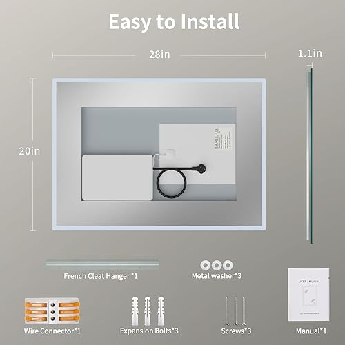 Miniatura 8 de SHUAFA Espejo LED para baño, retroiluminado de 20 x 28 pulgadas + espejo de tocador de baño iluminado frontal con luces, tiras de luz dobles, 3