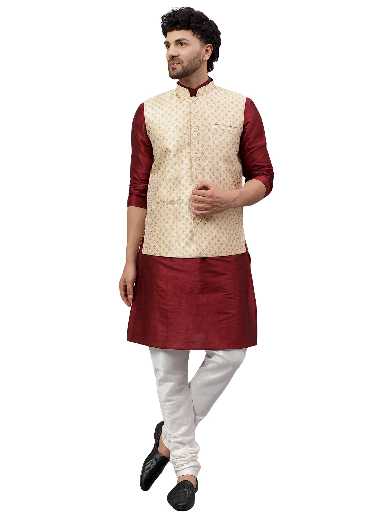 Men's Silk Blend Kurta Pyjama Set with Jacquard Nehru Jacket – Festive&Wedding-Wear-image-45