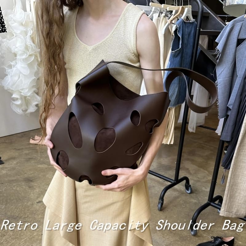 Stylish Perforated Leather Tote Bag, Retro Large Capacity Shoulder Bag, Handbag with Detachable Pouch for Daily Office3