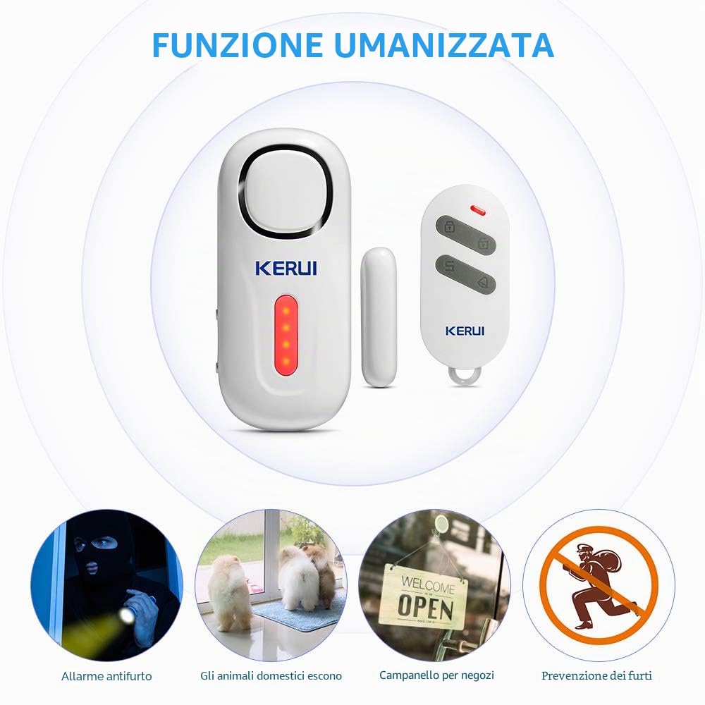 KERUI Allarme Casa Senza Fili D2, 4 Zone Sistemi di Sicurezza Domestica con 2 Sensore Movimento,1 Allarme Porta 4 Sensori Porta 1 Telecomando, 120dB Sensori Allarme Porte e Finestre per Casa Garage