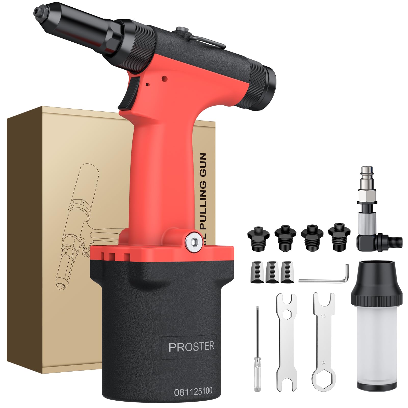Proster Self-Suction Pneumatic Rivet Gun 360° Hose 4 Nozzles 21mm Stroke