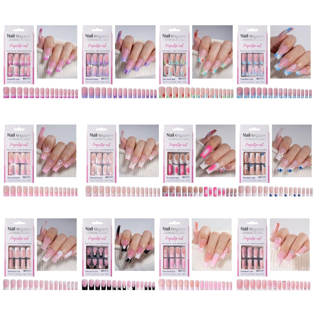 30 Pieces Long Square Artificial Nails French Tip Glossy Acrylic False Nails Professional Nails Art