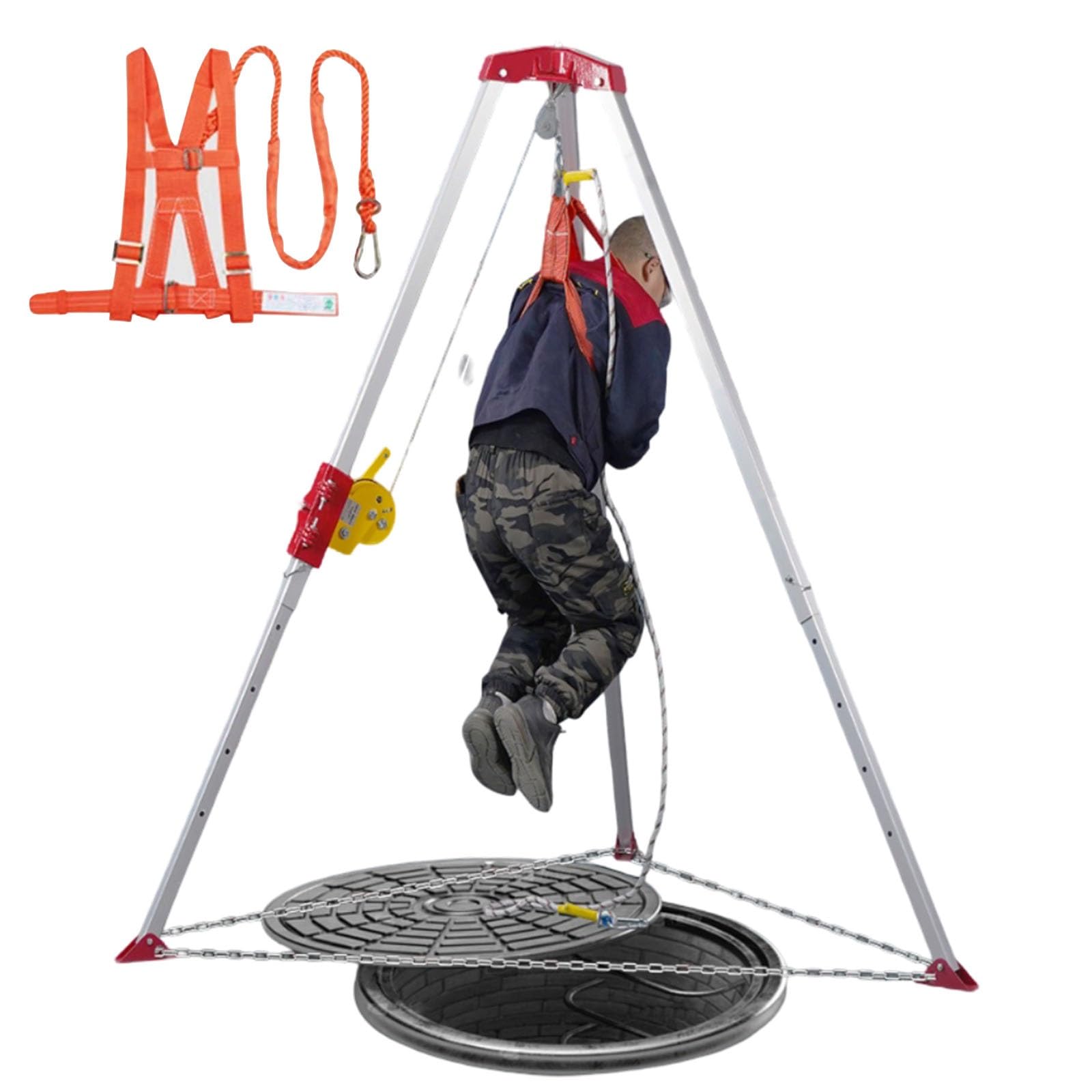 Kit de trípode de Alta Resistencia para Espacios confinados con cabrestante metálico y arnés de Seguridad, Capacidad de 816 kg (1800 lbs), Altura de 20 Metros, para elevación de Objetos y si