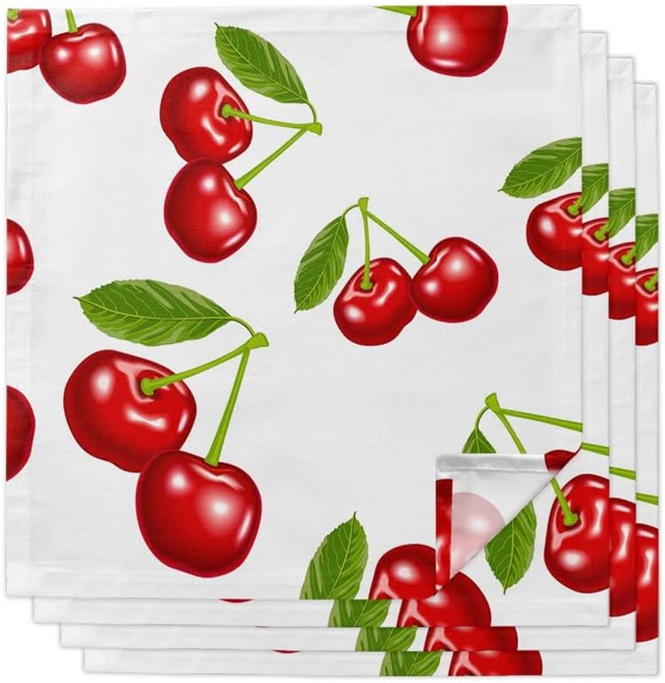 Red Cherry Fruit White Table Napkin Cloth Set for Party Wedding Kitchen Dinner Napkins(6pcs)