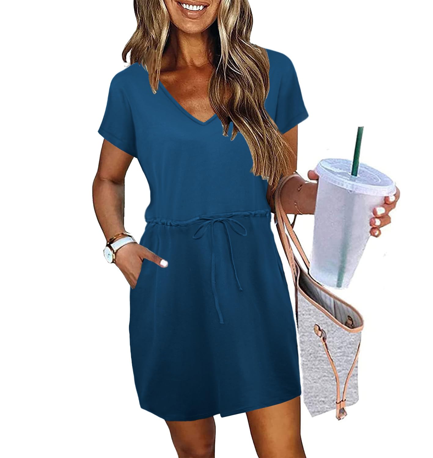 Womens Summer Dresses 2026 Casual Tie Front Short Sleeve A Line Midi Shirt Dress Beach Vacation Clothes