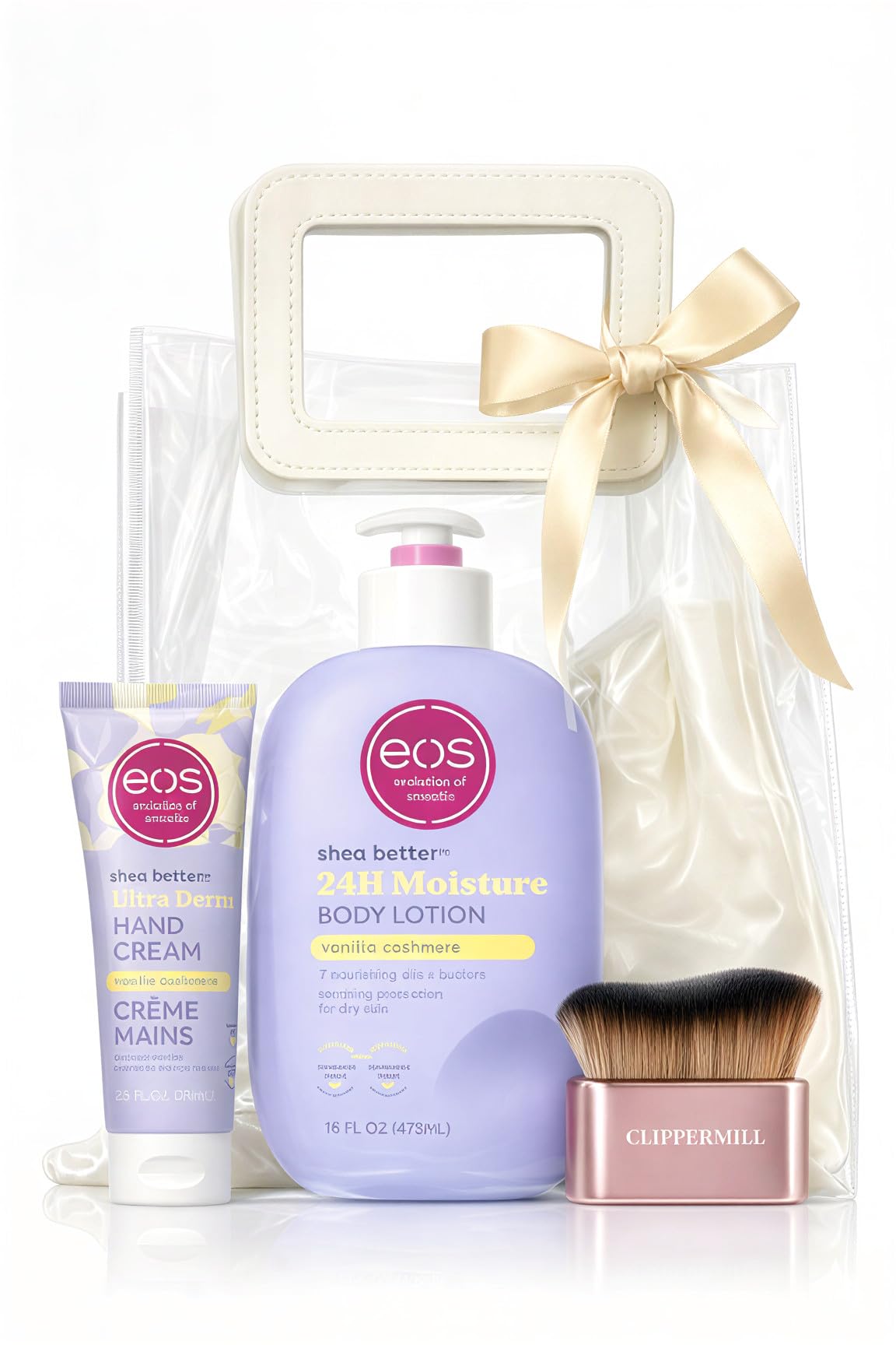 Clippermill Skincare Gift Set for Women – Include eos® Shea Body Lotion Vanilla Cashmere 16oz + eos Shea Butter Hand Cream, Vanilla 74ml + Reusable Lotion Applicator Brush compatible with eos® Lotion