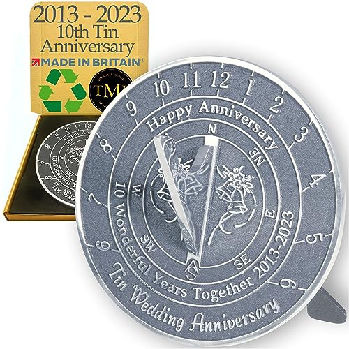 Anniversary Sundial Gift For 10Th Tin Wedding Anniversary 2013-2023. Recycled Metal Home Decor Garden 10 Year Present Idea Handmade In Uk For Parents, Grandparents, Friends Or Couples #TOP6