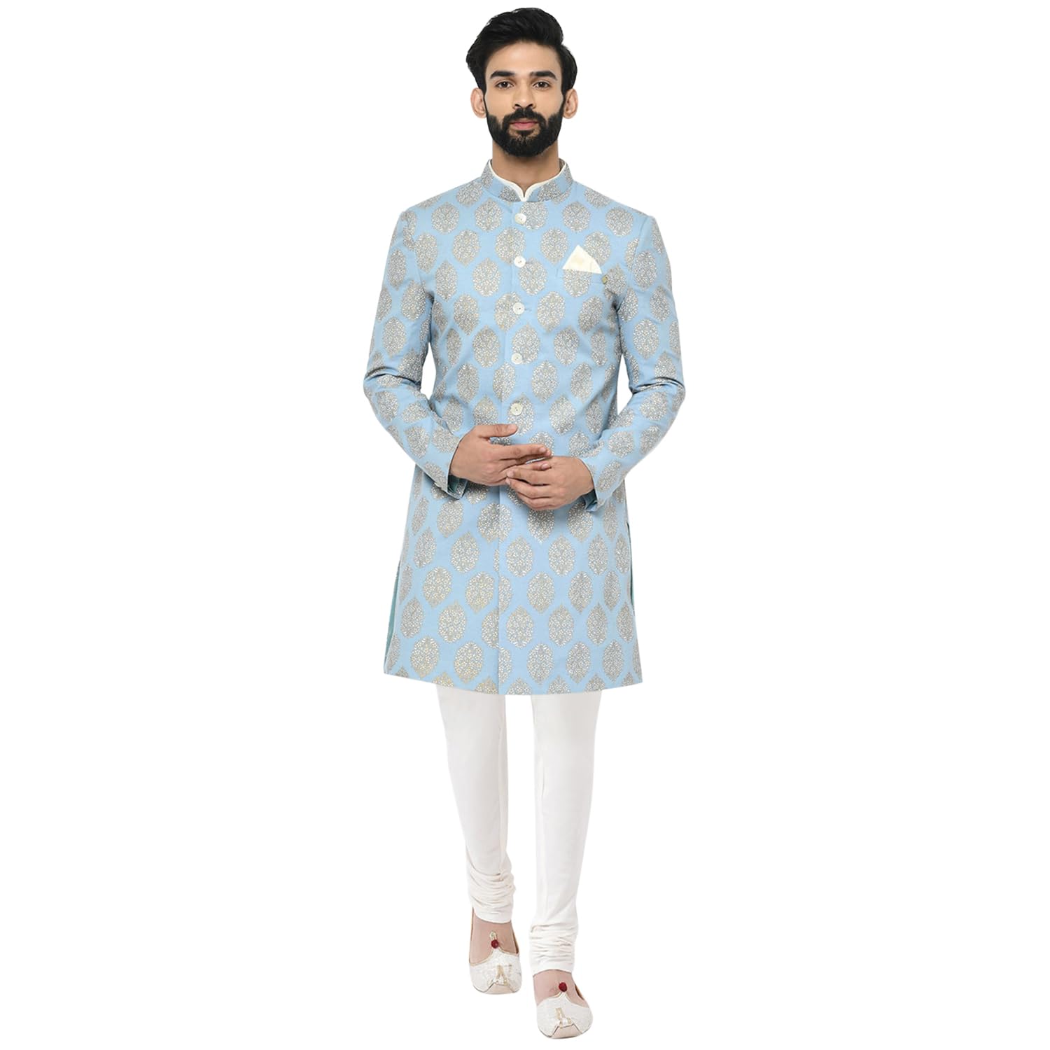 KISAHMen Indowestern Printed Sherwani Set, Full Sleaves, Knee Length, Straight, Regular Fit, Mandarin Collar Ethnic wear, Navy Blue