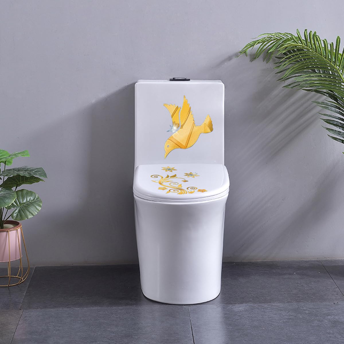 Bird Tree Flower DIY Acrylic Toilet Cover Sticker Decals,Flower Leaf Bird Waterproof Toilet Lid Tank Seat Decals Cistern Self-Adhesive Bathroom Wall Sticker(Golden)