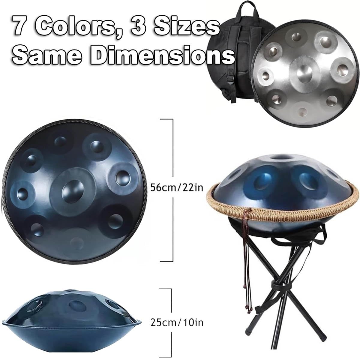 Tamburo in Acciaio for Adulti 22 Pollici Re Minore – Tamburo a Mano 432Hz/440Hz, Handpan in Acciaio con Borsa, Strumento Handpan Drum 9/10/12 Note for Meditazione e Yoga(Viola,440HZ/9Note)