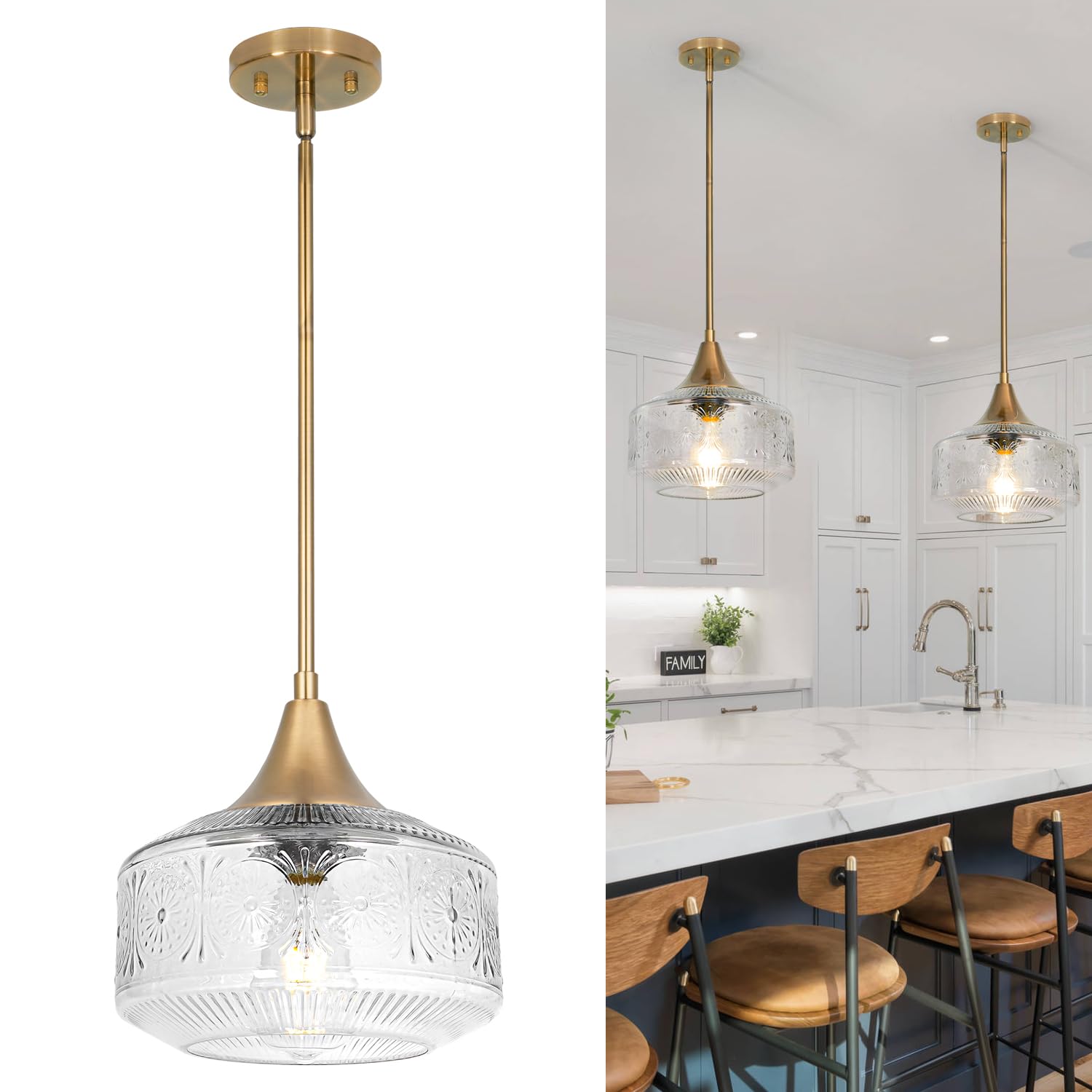 9 Vintage Gold Pendant Light with Clear Glass Adjustable Pendant Lighting for Kitchen Island Brushed Pendant Lights Convertible