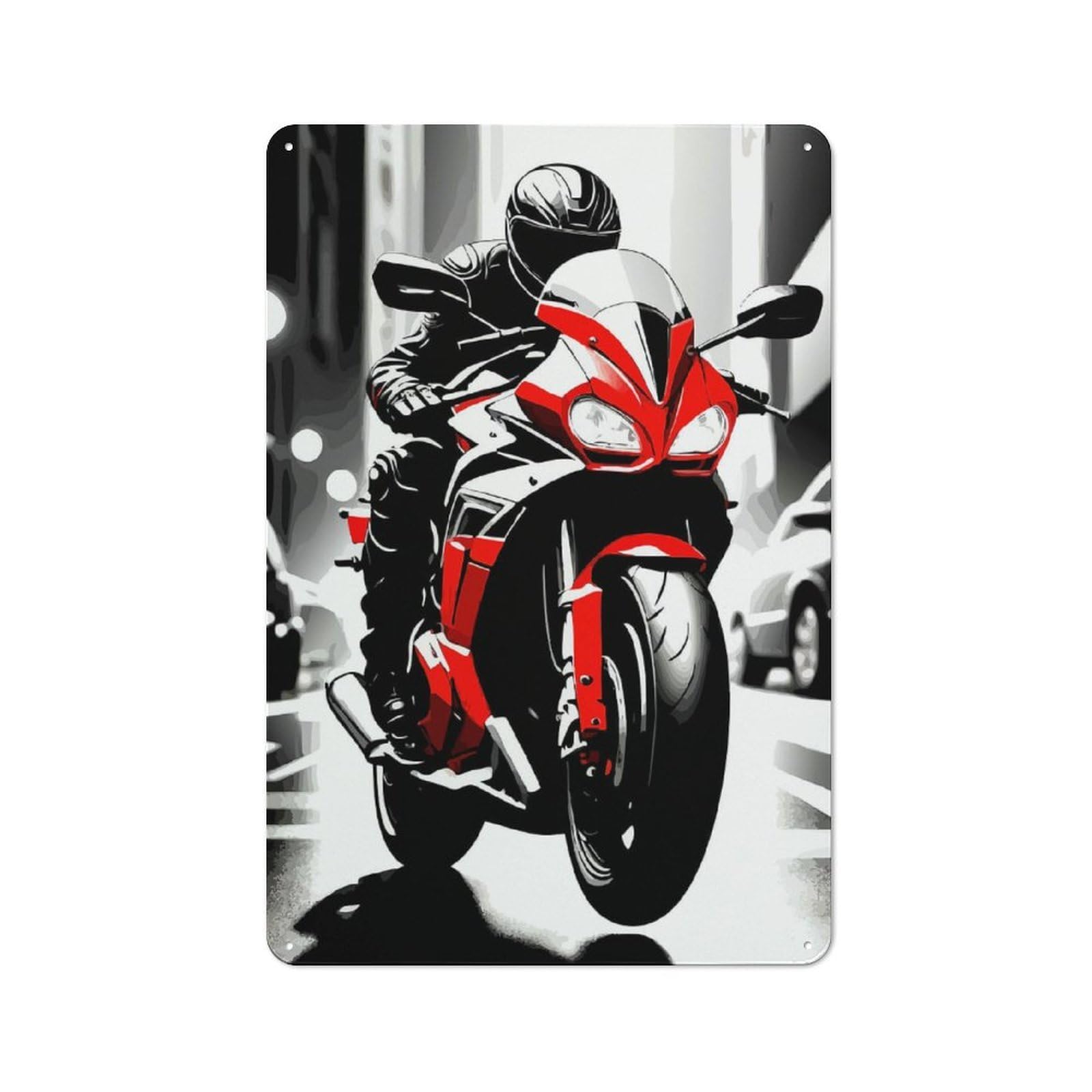 Junmoney Red Motorcycle Rider In Cityscape Smart Tin Sign 30X20cm Featuring Office Wall Decor For Workspace, Cafe, Shop Or Desk Area