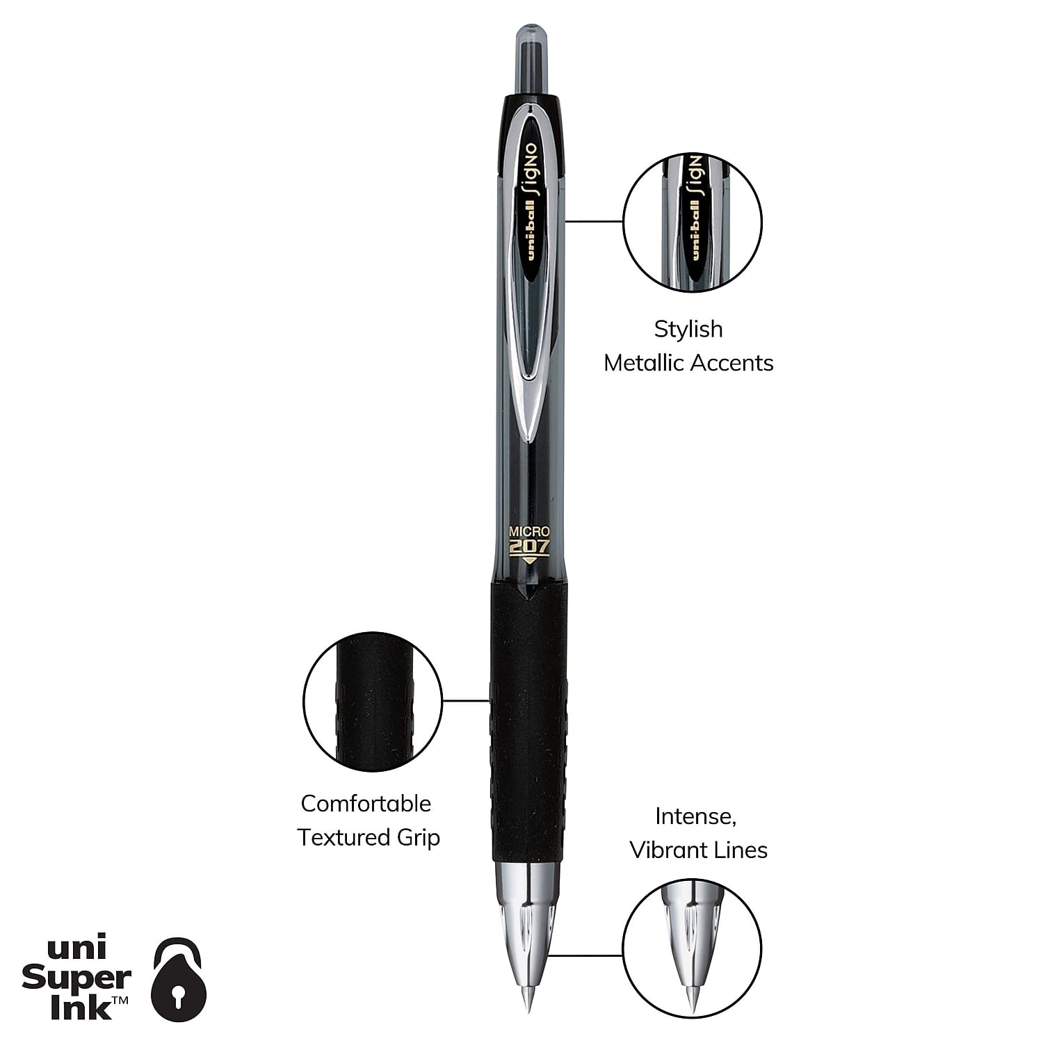 uni-ball® Signo Gel 207™ Gelschreiber, einziehbar, Micro Point, 0,5 mm, schwarzer Schaft, schwarze Tinte, 4 Stück