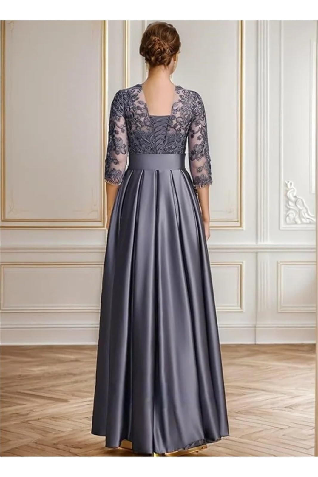 Abiti da sera lunghi in raso con applicazioni in pizzo e maniche a 3/4, con tasche, scollo rotondo e scollo a V.(Champagne,14W)