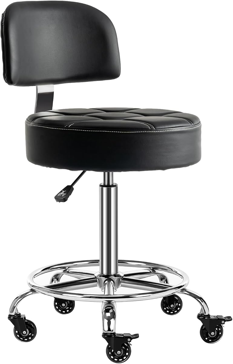 Taburete con cerradura con respaldo y reposapiés, taburete ergonómico con ruedas, hidráulico, ajustable, para médico, esteticista, artista, hogar, pequeño escritorio de oficina (negro, 24 a 31 pulgadas)