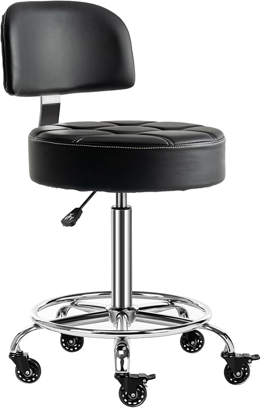 Taburete con cerradura con respaldo y reposapiés, taburete ergonómico con ruedas, hidráulico, ajustable, para médico, esteticista, artista, hogar, pequeño escritorio de oficina (negro, 24 a 31 pulgadas)