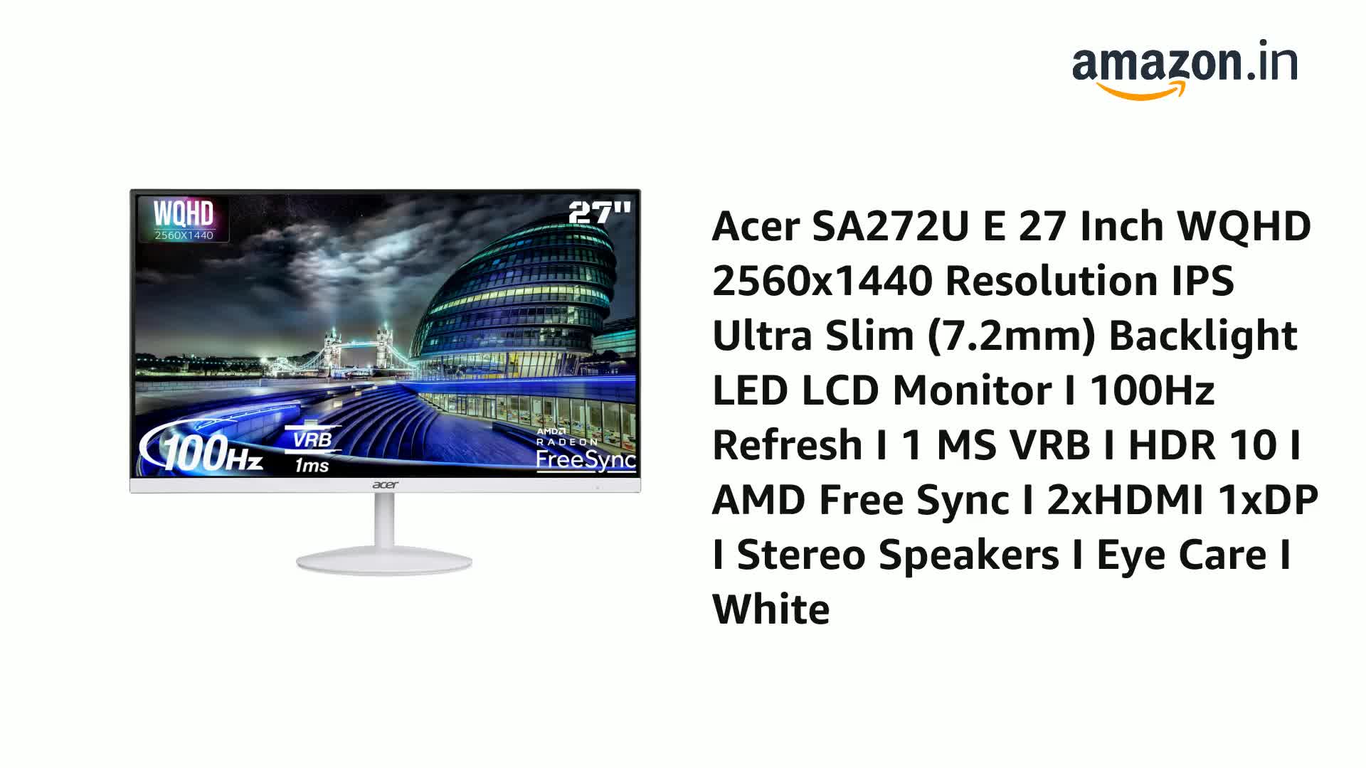 Acer SA272U E 27 Inch WQHD 2560x1440 Resolution IPS Ultra