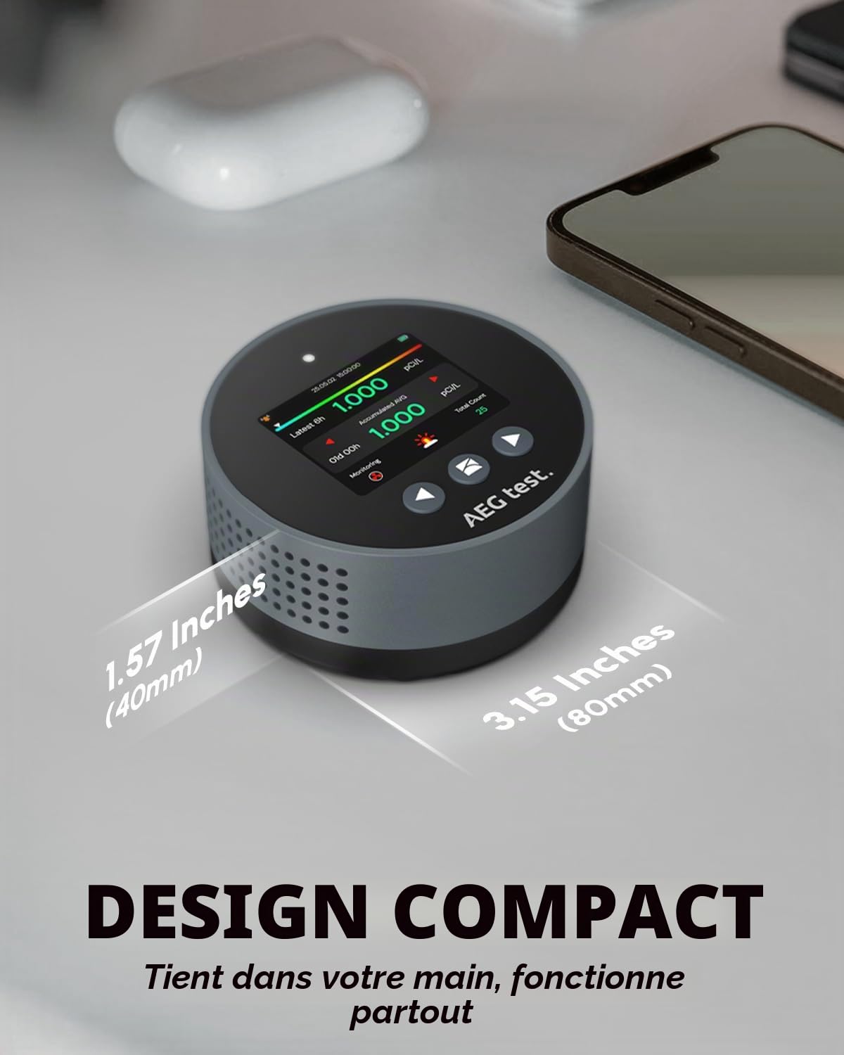 HOUND-1085 Détecteur de radon portable, surveillance du radon à long terme pour la maison, alarmes sonores et visuelles, rechargeable, écran LCD couleur TFT, pCi/L ou Bq/m³ – Bleu