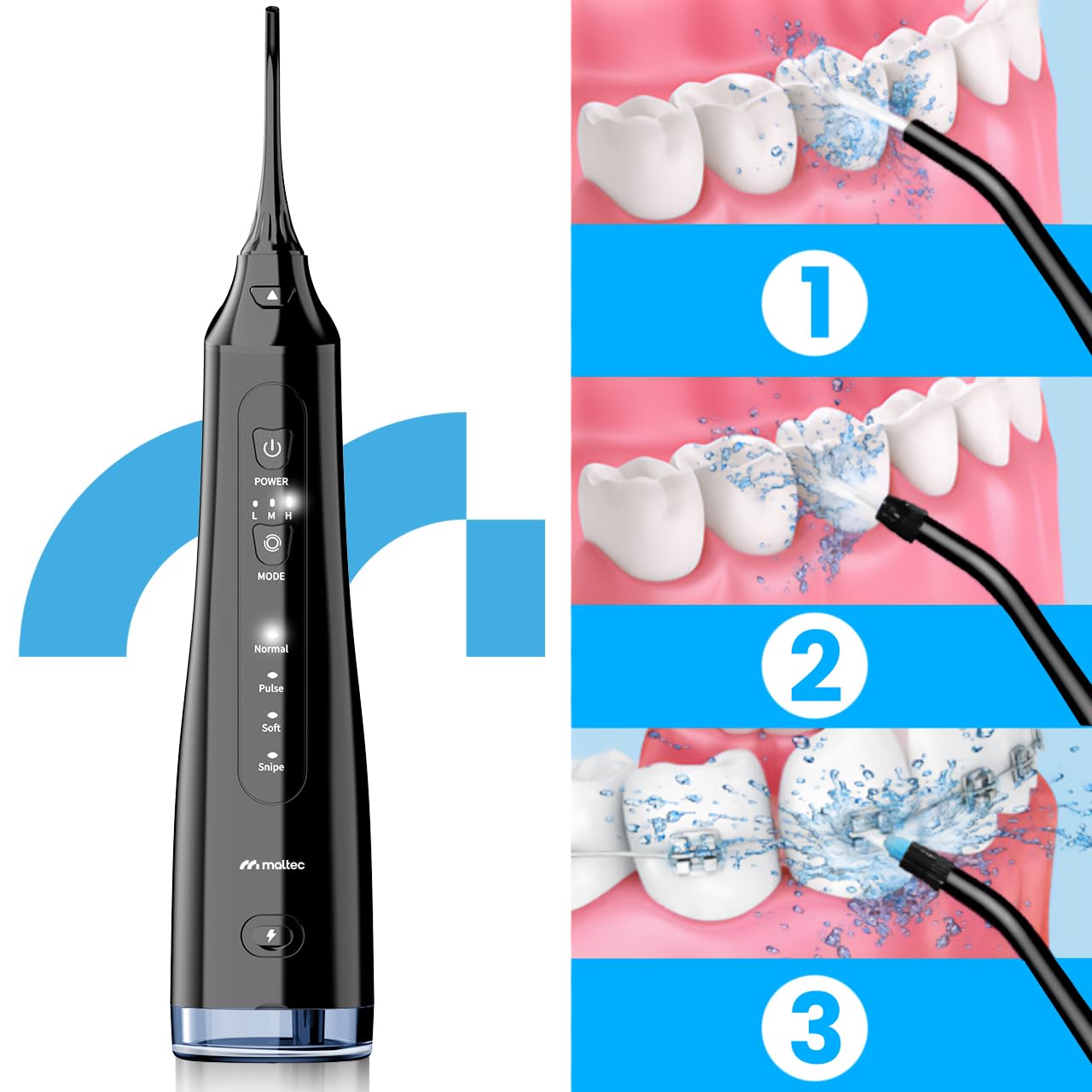 MalTec Irrigador dental eléctrico Toothie X60 150PSI batería 2600 mAh 4 modos de funcionamiento inalámbrico negro bolsa de viaje