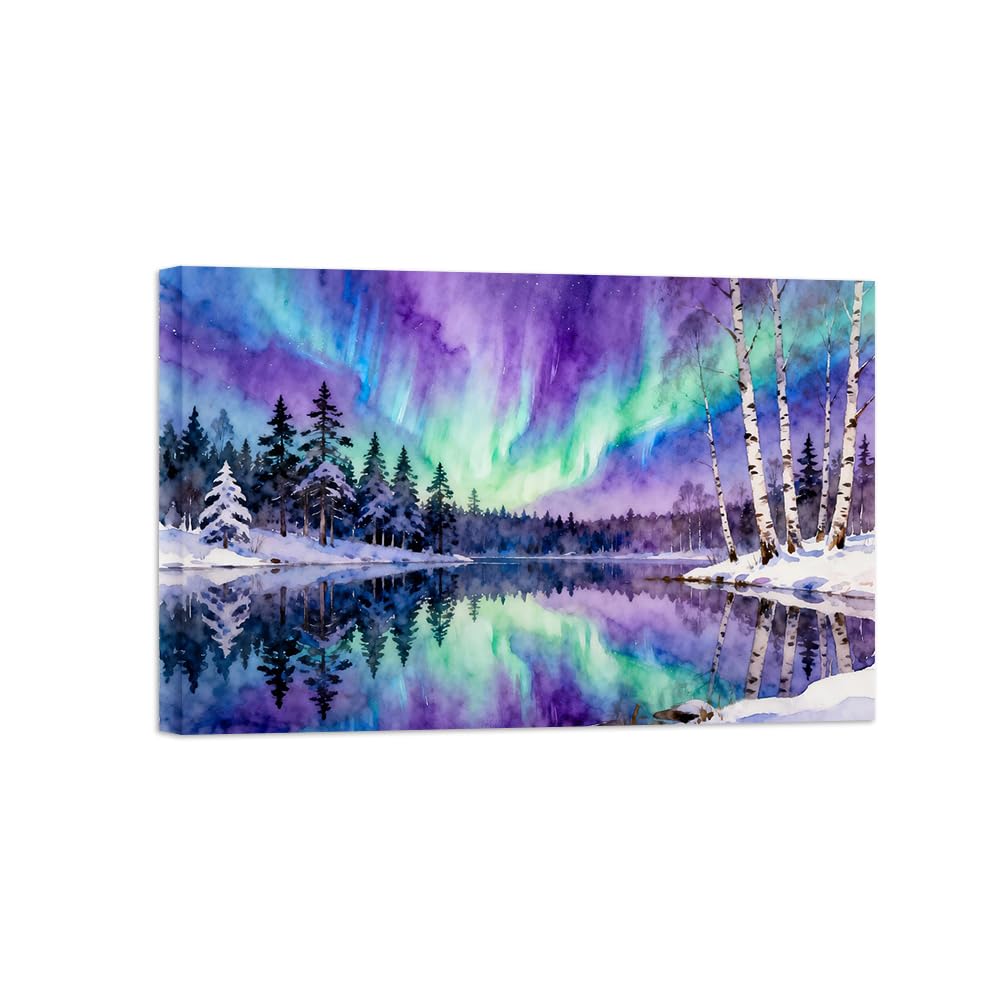 OZPWBVY Northern Lights River Landscape Canvas Prints Ready to Hang 70x105cm Wrapped Canvas
