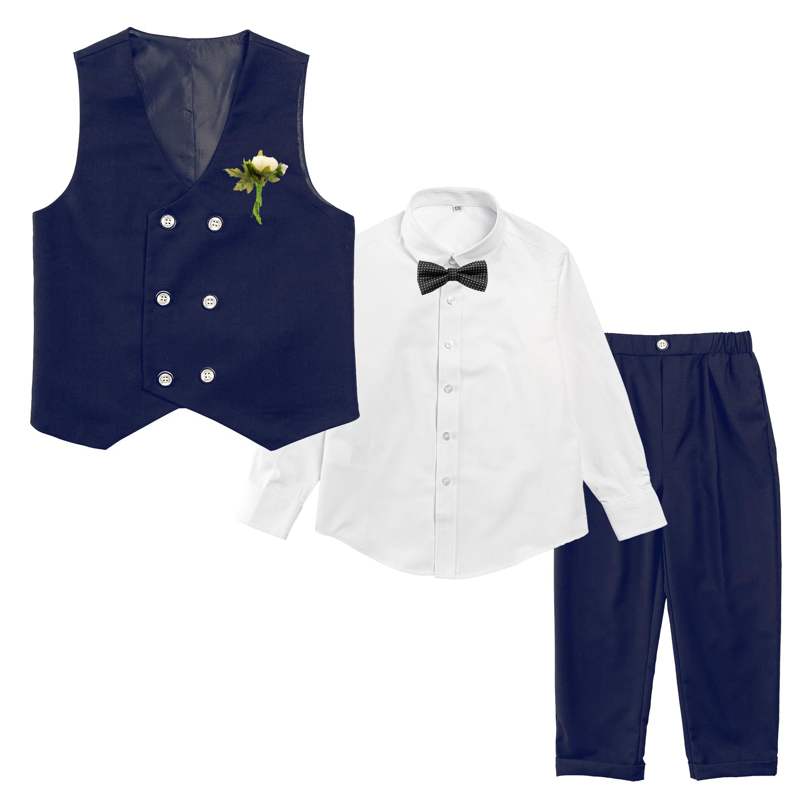 LOLANTA Costume Formel 4 pièces pour garçon, Ensemble Gilet à Double Boutonnage, vêtements de fête d'anniversaire de Mariage pour Enfants Noir/Bleu/Kaki 2-13 Ans