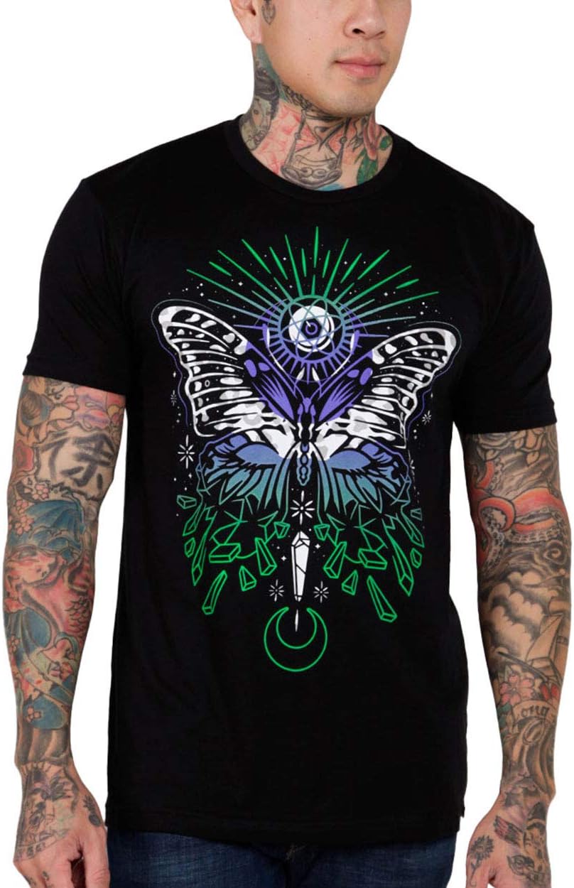 INTO THE AM Fractal Butterfly Men's Graphic Tee Short Sleeve Cool Novelty Design Crewneck Graphic T-Shirt for Men (Black, Medium)