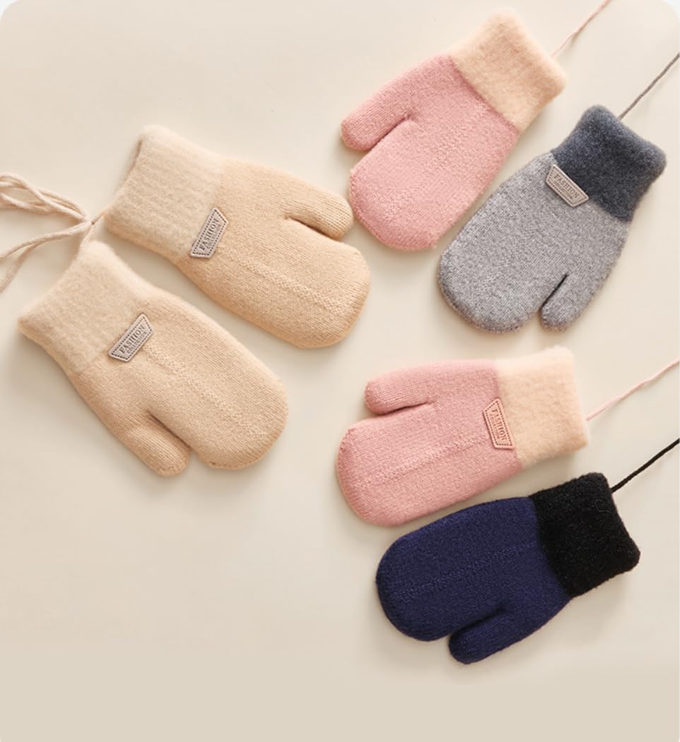 Moufle Enfant Chauffant Hiver Gants Peluche Douce Moufles Plein-doigts Epais Mitaines Tricoté Crochet Gant de Plein Air Ski Snowboard Vélo Anti-froid avec Corde Anti-perdu pour Fille Garçon 1-6 Ans
