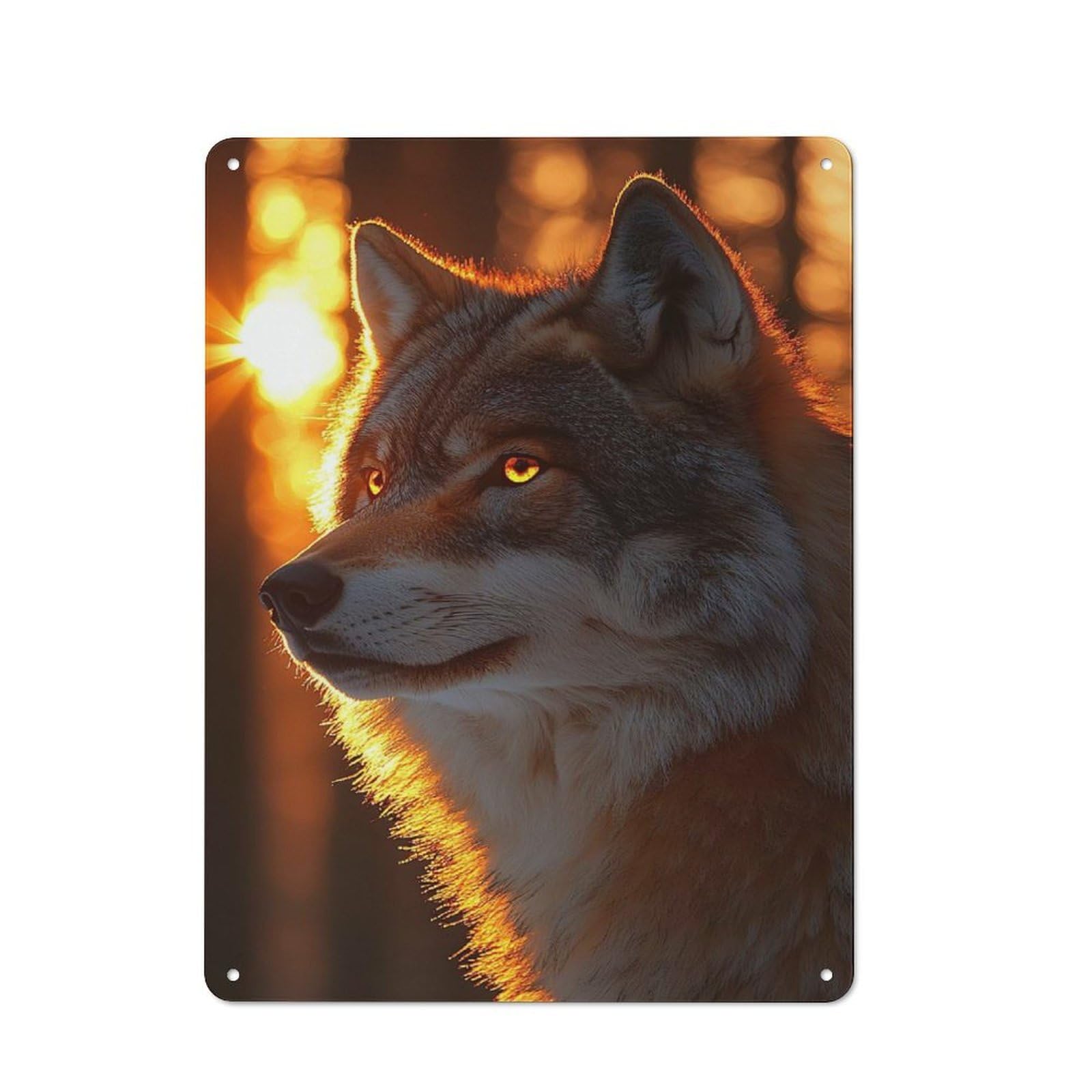 Wolf in Golden Light Industrial Metal Wall Decor 40x30cm, Tin Sign for Workshop, Basement, Shed Or Games Room