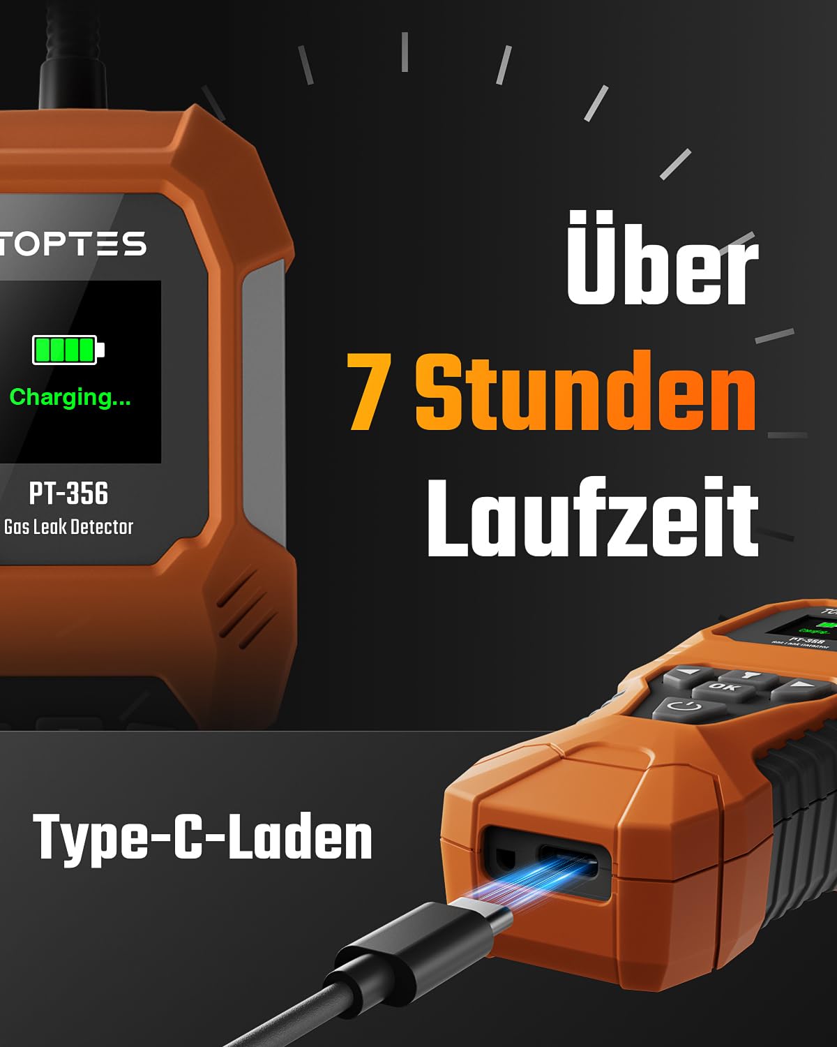 TopTes PT-356 Wiederaufladbarer Gasleckdetektor mit 25 cm Gänsehals, Erfassungsbereich 0-20% LEL, 3-faches Alarmsystem, Gasmelder mit 2 Anzeigemodi für Methan, Butan, für Zuhause oder Industrie