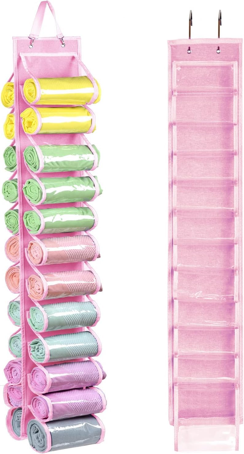 Foldable Legging Hanger and Storage Organizer With 24 Compartments for Jeans Shirts, and Clothes - Portable Wardrobe (Pink)