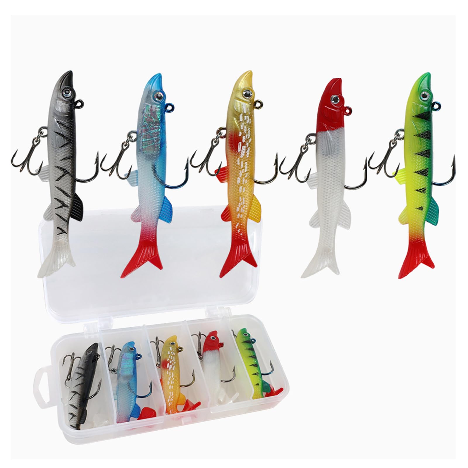 Soft Fishing Lures Kit, 5pcs Lead Head Fishing Bait, for Pike, Bass, Trout, Perch, 9.6cm T Tail Artificial Fish Bait With Treble Hook, Swimbaits Jig Head Freshwater Saltwater(medium)