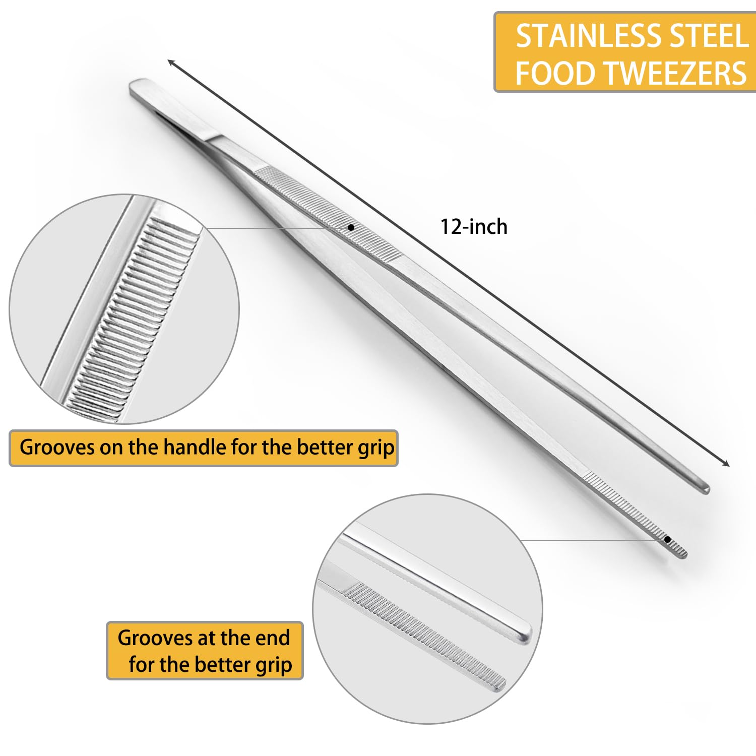 JETKONG 12 Inch Kitchen Tweezers Cooking Tweezer Tongs, Stainless Steel Food Tweezers Multi-function Precision Serrated Tips Kitchen Serving Tong