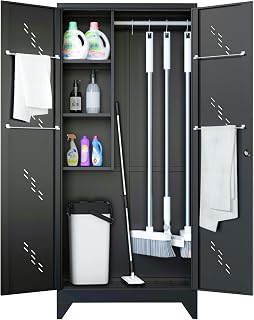 Metal Garage Storage Cabinet,Storage Cabinet with Doors and Shelves, Garage Storage Closet with Door,Broom Tool Storage Cabinet(H75* D16.53*L33.85)(Black)