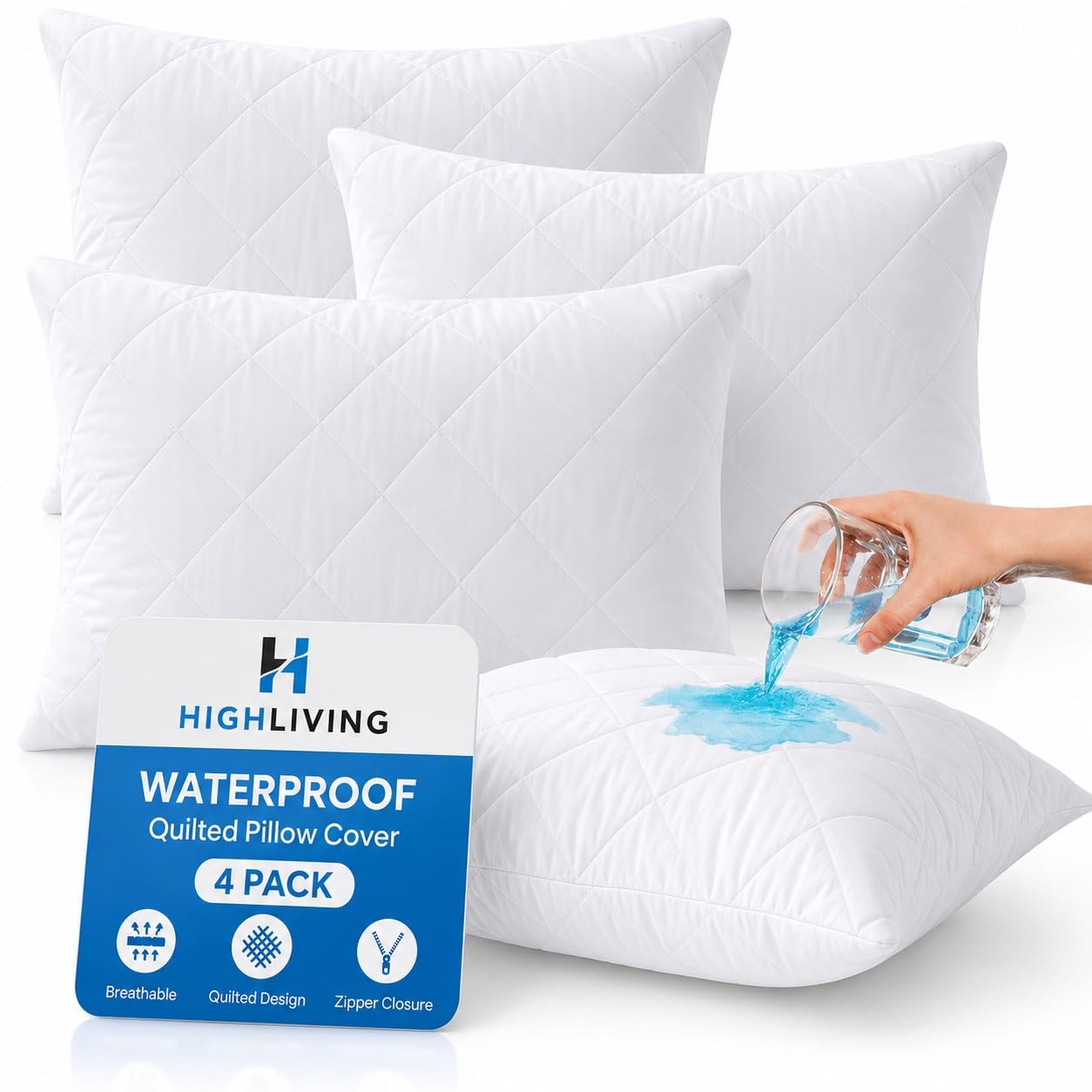 HIGH LIVING 4 Pack Quilted Waterproof Pillow Protectors, Zipped Pillow Covers, Soft Padded Pillowcase Protectors, Machine Washable Pillow Protection for Bed Pillows 75x50CM