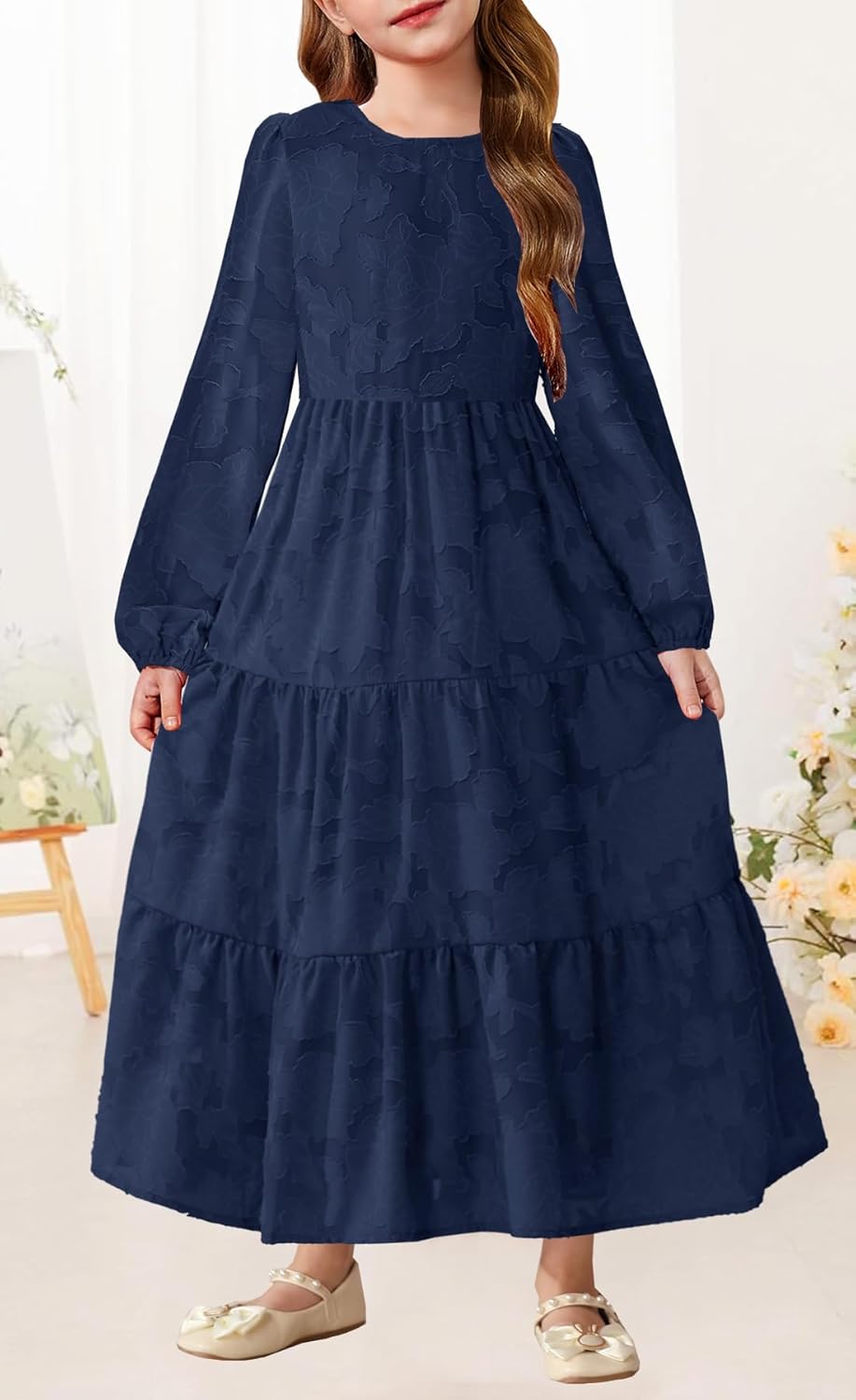 MITILLY Girls Fall Long Sleeve Dress Boho Flower A-Line Ruffle Tiered Flowy Maxi Dresses for Wedding Party 6-12 Years - Image 2
