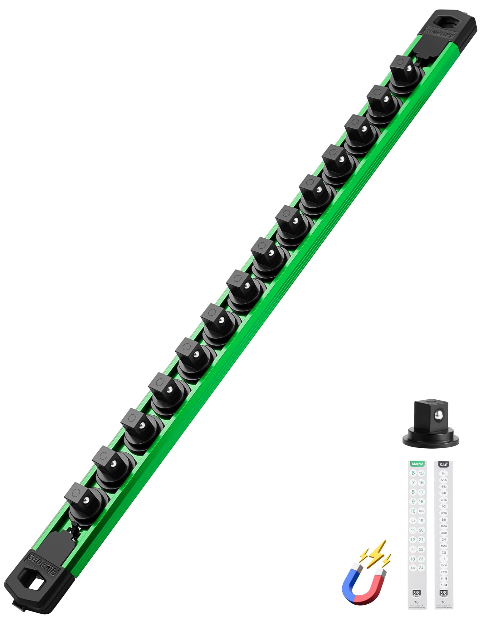 ALOANES Magnetic Socket Organizer, 3/8" Rail 14 Clips (Green, 1PC)