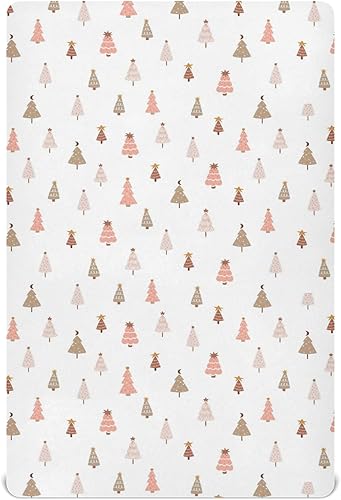 Pfrewn Sábanas de cuna de Navidad para niños y niñas, árbol de Navidad pastel, bosque rosa, sábana bajera para cuna para colchón de cuna, elástica,