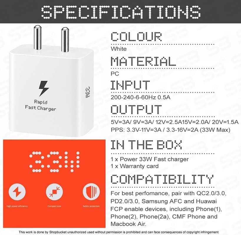 Image of 33W Type C Adapter Charger & Cable Compatible Compatible with C M F Phone 1 /Nothing Phone 2a /2a Plus /2 /Samsung M05 /M35 /M15 /F15 /A15 /Buds and Other USB-C Devices