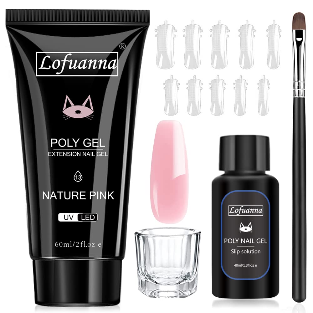 lofuannaPoly Gel Nail Kit-60g Natural Pink Poly Extension Gel Nail Starter kit,All-in-one Set Builder Gel for Nails With Slip Solution Nail form Nail Brush Glass Cup,Nail Art Design for Beginners
