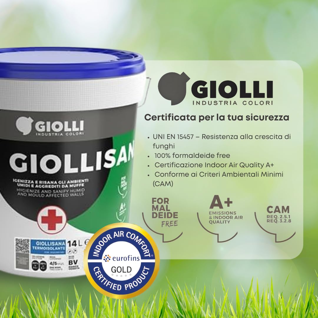 Giolli industria colori | Pittura Antimuffa per Muri Interni Giollisana Termoisolante - Pittura Termica Bianca Anticondensa Traspirante Lavabile - Certificata A+ e Priva di Formaldeide - 14 L