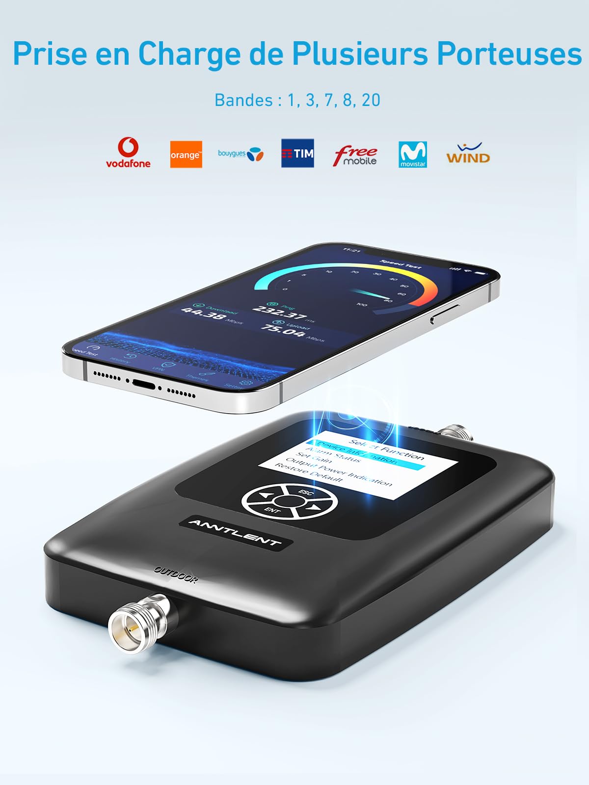 ANNTLENT Amplificateur de Signal Amplifier 4G 3G Bande 1/3/7/8/20, LTE GSM WCDMA Amplificateur de Signal Mobile Five-Bande Connecté à L'application, pour Tous Opérateurs