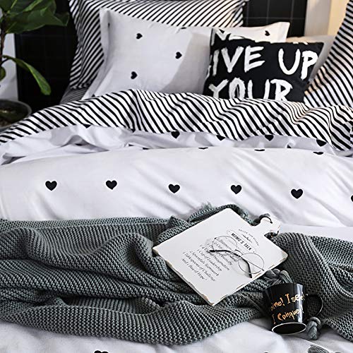 Image of Omelas Kids Heart Love Queen Duvet Cover Set Black and White Teens Girls Lovely Heart-Shaped Pattern Striped Reversible Full /Queen Bedding Soft Breathable Quality Brushed Microfiber (3 Pcs,XD,Q)