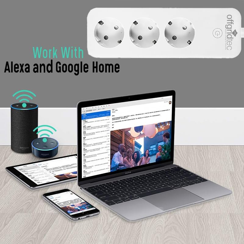 Offgridtec power strip working with Alexa and Google Home, shown with smart speakers and a laptop