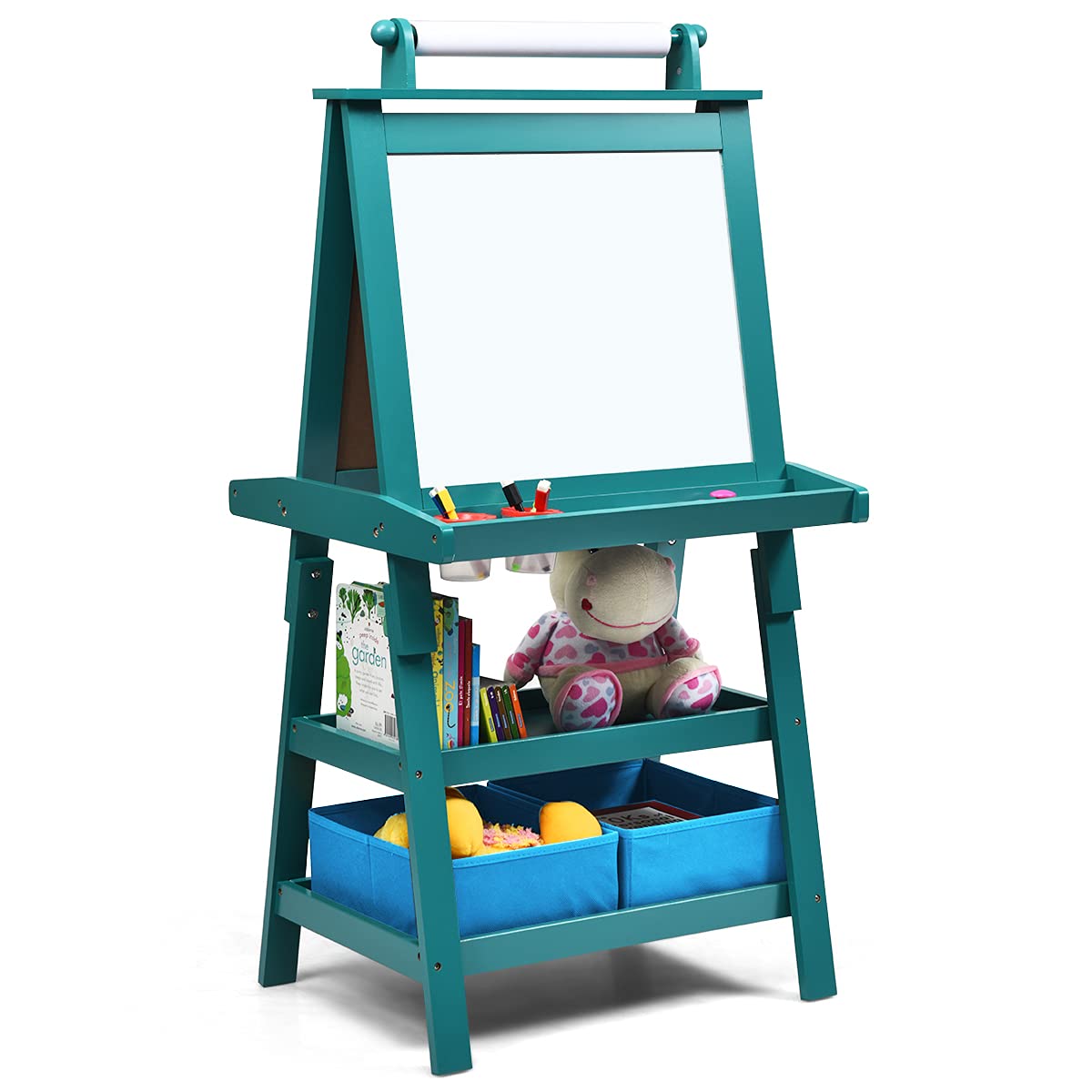 COSTWAY Pizarra de Doble Cara para Niño Caballete de Infantil Tablero de Pie con 2 Cajas de Almacenamiento,Rollo de Papel y Estantes (Azul)