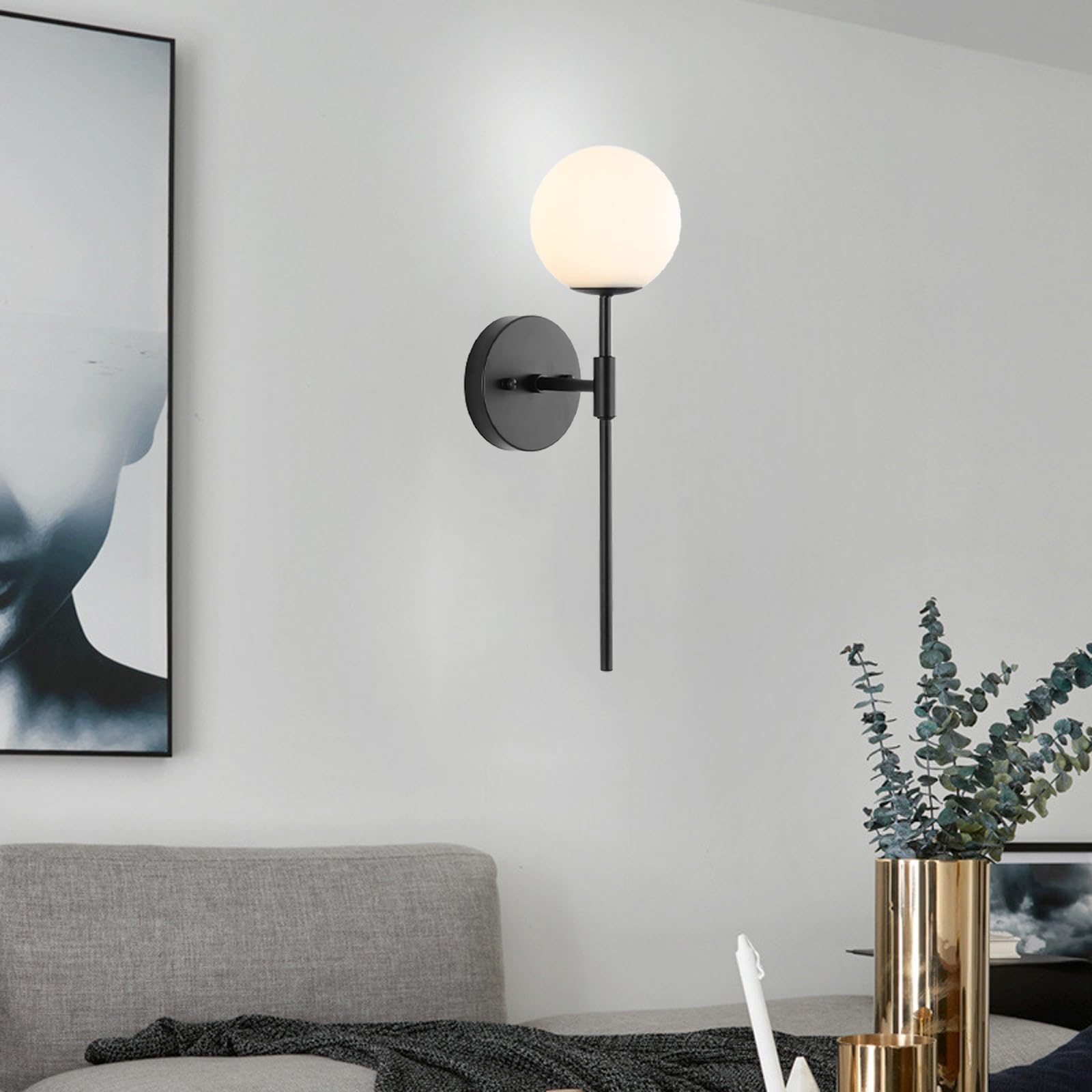 Wandlampe Innen E27 Wandleuchte Nordic Modern Wandbeleuchtung mit Glas Lampenschirm Wandleuchten Kreative Dekorative für Schlafzimmer Wohnzimmer Treppenhaus (Schwarze,2 Stück)