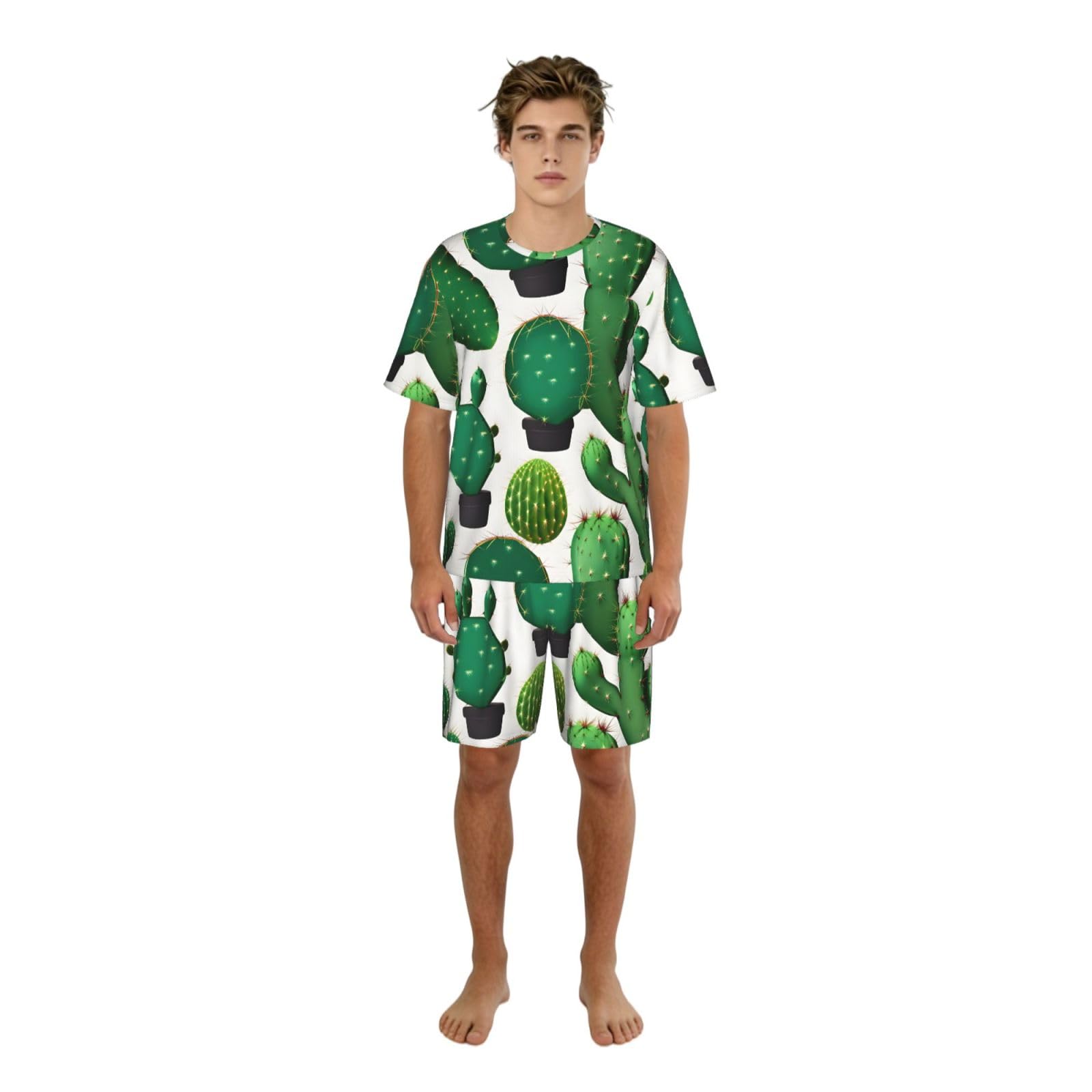 Conjunto de pijama clásico con estampado de cactus verde para hombre, pantalones cortos de pijama suaves para hombre, perfecto para las noches de verano