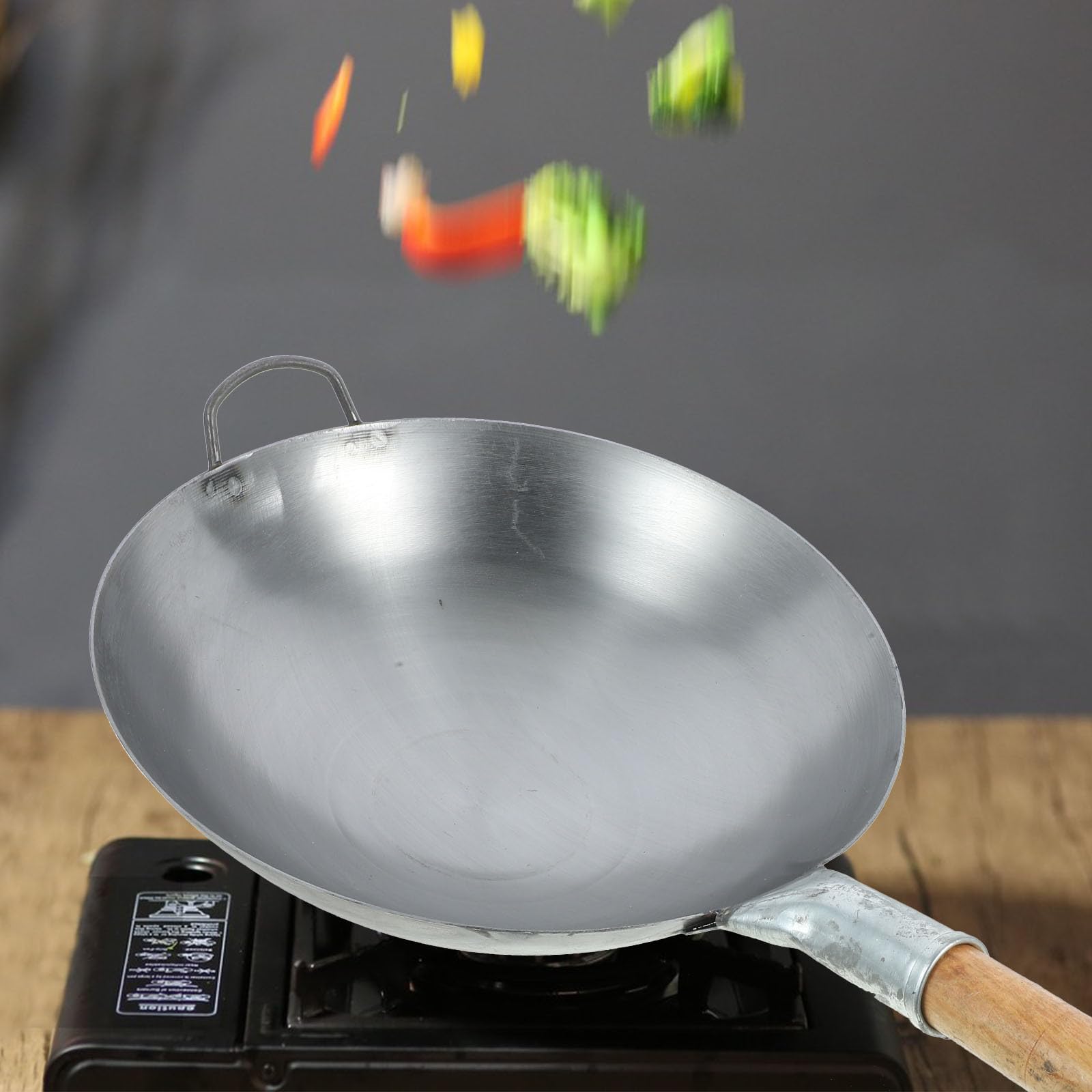 Padella Wok in Ferro Spesso Manico in Legno per Cucina