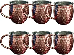 Kit 6 Canecas Moscow Mule 580ml Martelada Resistente Inox Rose Gold com Alça Ergonômica Bar para Servir Drinks e Bebidas Geladadas