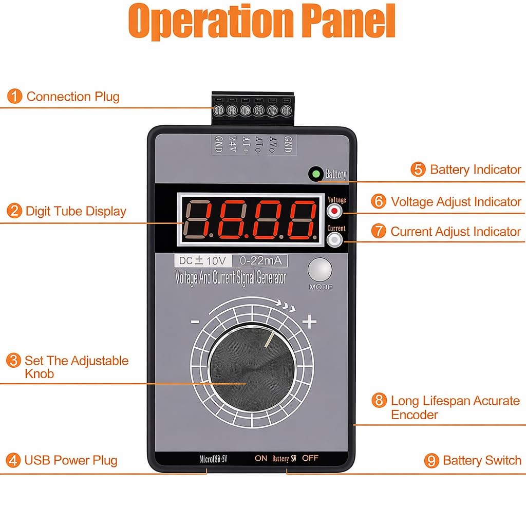 Générateur de Signal Portable, 0-10V 0-22mA Générateur de Signal de Courant de Tension, Calibrateur de Source de Signaux Analogiques, Ajustable Simulateur Analogique de Tension et de Courant Réglable